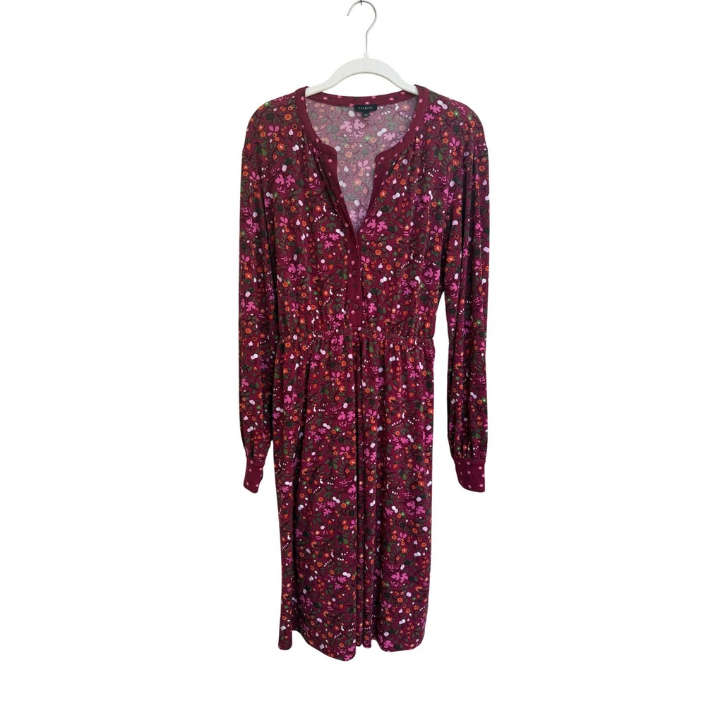 Talbots Burgundy Floral Long Sleeve Button Front Tie Waist Midi Dress Size Small